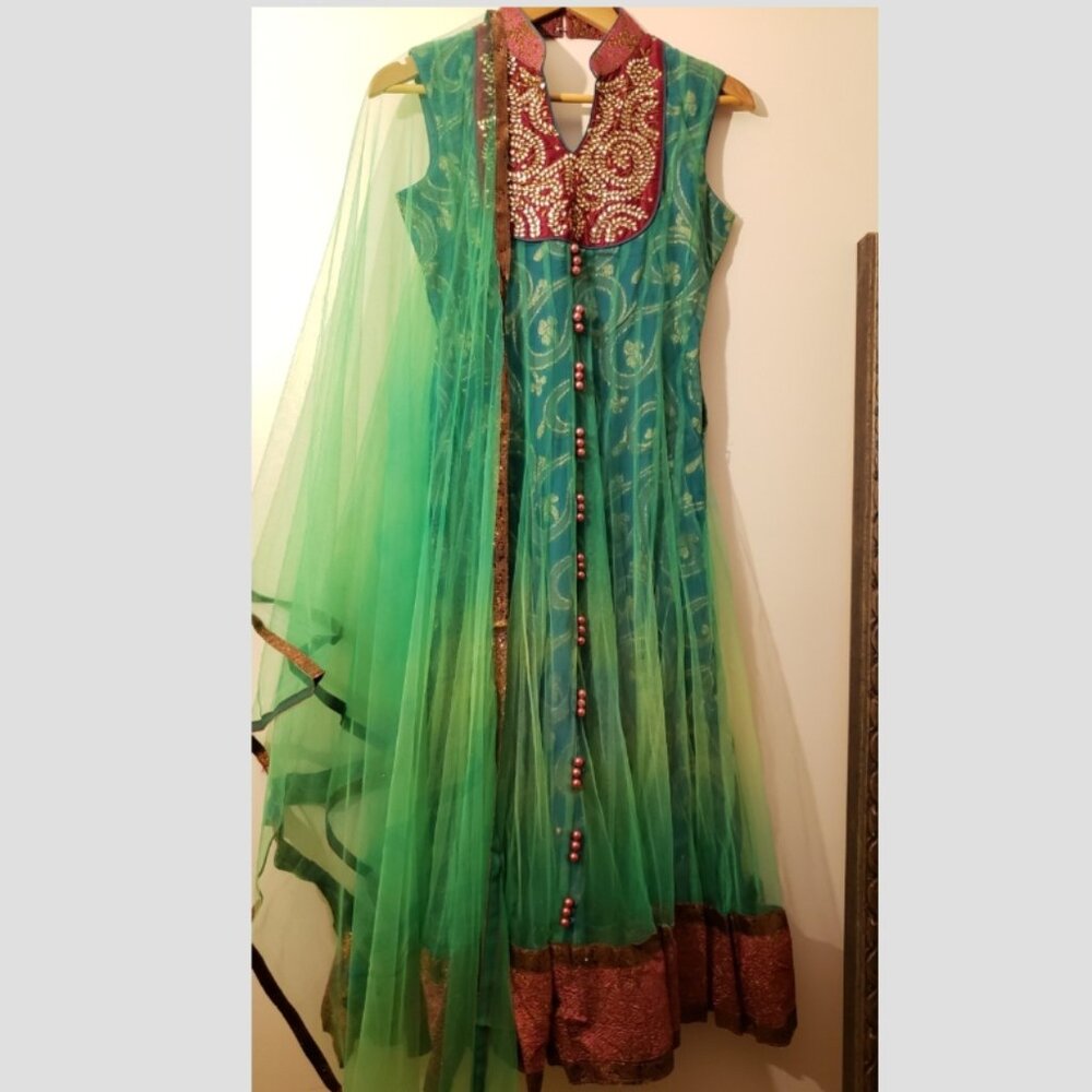 Gorgeous Green and Red Long Anarkali Dress Sleeveless Size Small